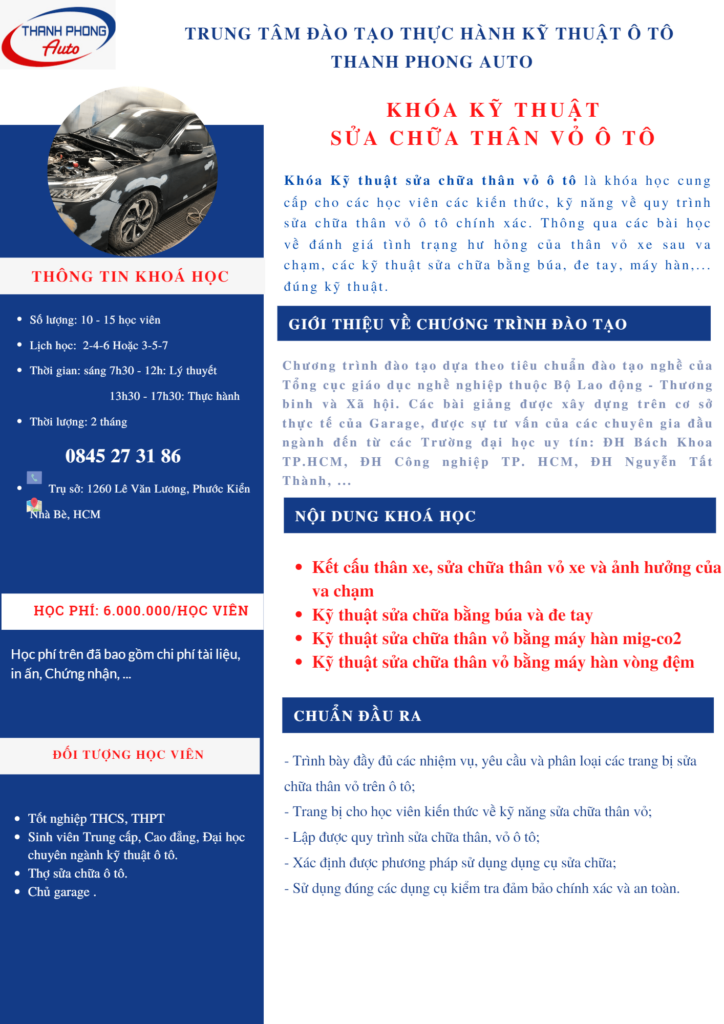 Khóa Học Kỹ Thuật Sửa Chữa Thân Vỏ Ô Tô chính hãng Garage Thanh Phong Auto HCM 2023