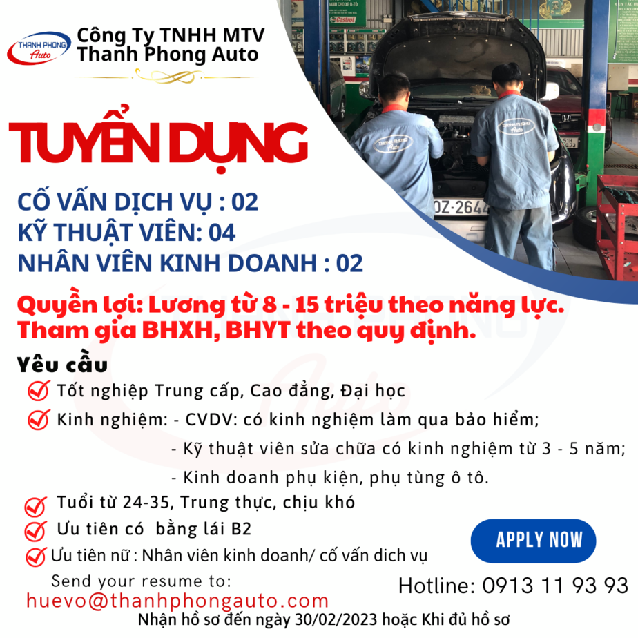 THÔNG BÁO TUYỂN DỤNG chuyên nghiệp Garage Thanh Phong Auto HCM 2023