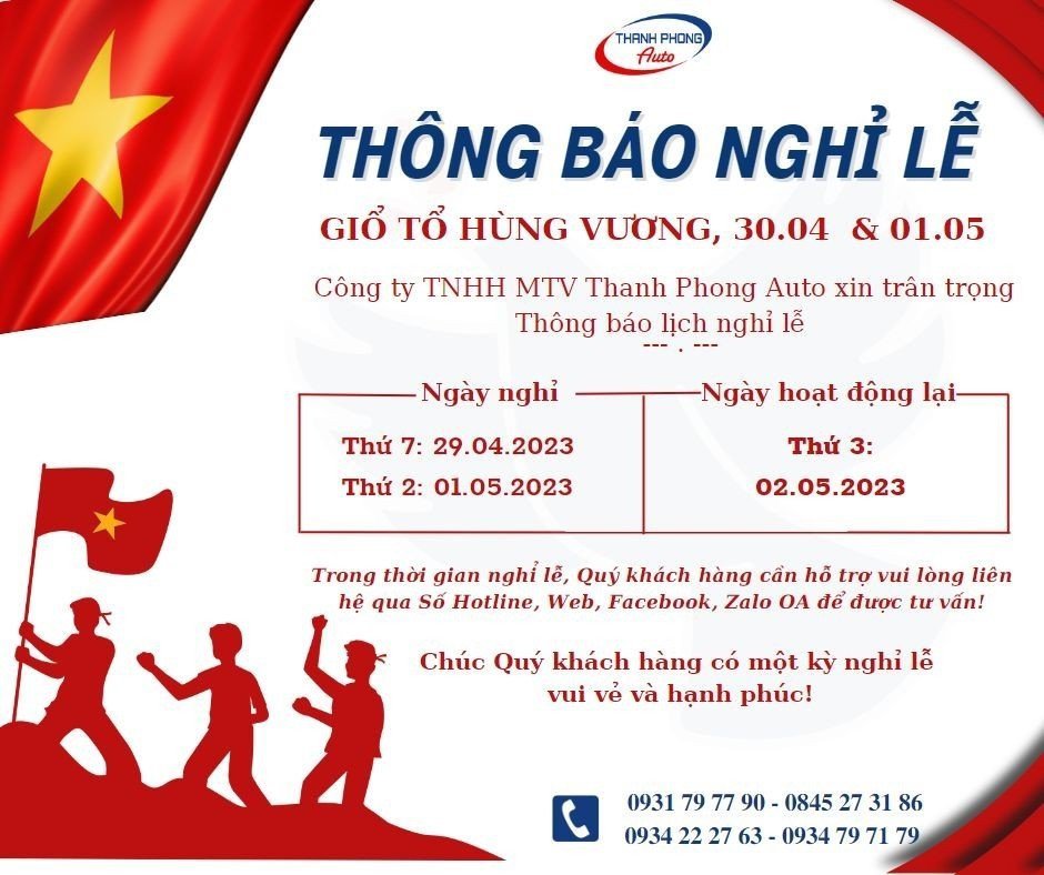 Thông báo lịch nghỉ lễ GIỔ TỔ HÙNG VƯƠNG 10.03, 30.04 & 01.05.2023 chuyên nghiệp Garage Thanh Phong Auto HCM 2023