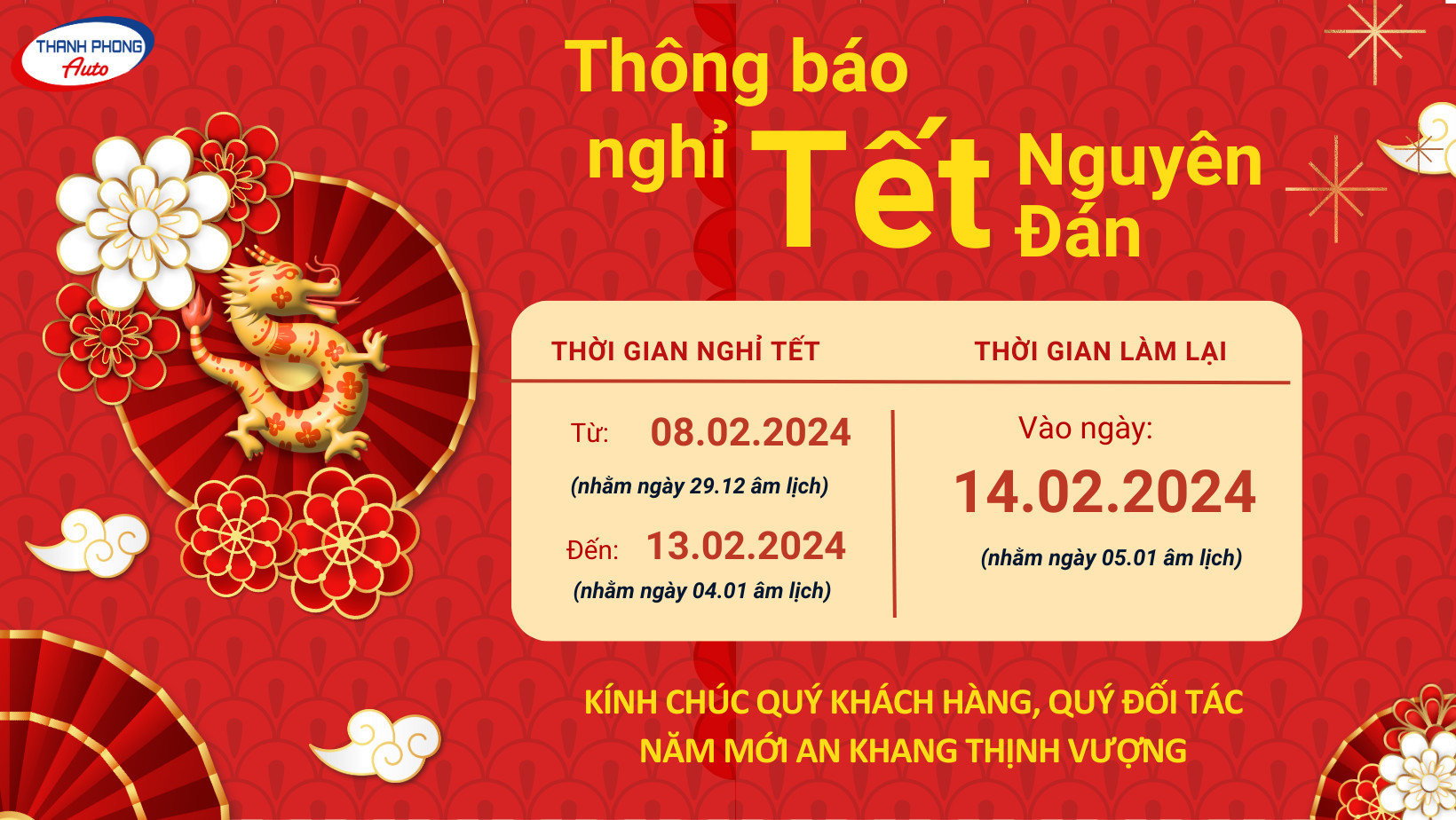 Notice of Lunar New Year 2024 Reputable Garage Thanh Phong Auto Hcm 2024