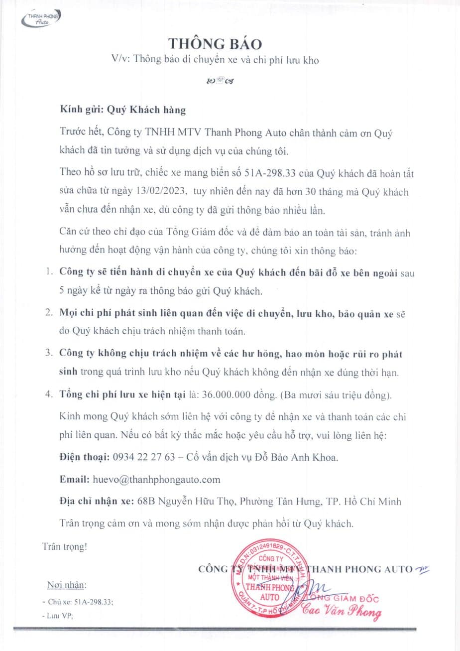 - THÔNG BÁO MỜI KHÁCH ĐẾN NHẬN XE SAU SỬA CHỮA